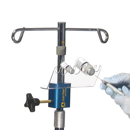 The AliMed MRI ACCU-DRAW Vial Holder is shown with a gloved hand drawing liquid from two vials into a syringe.