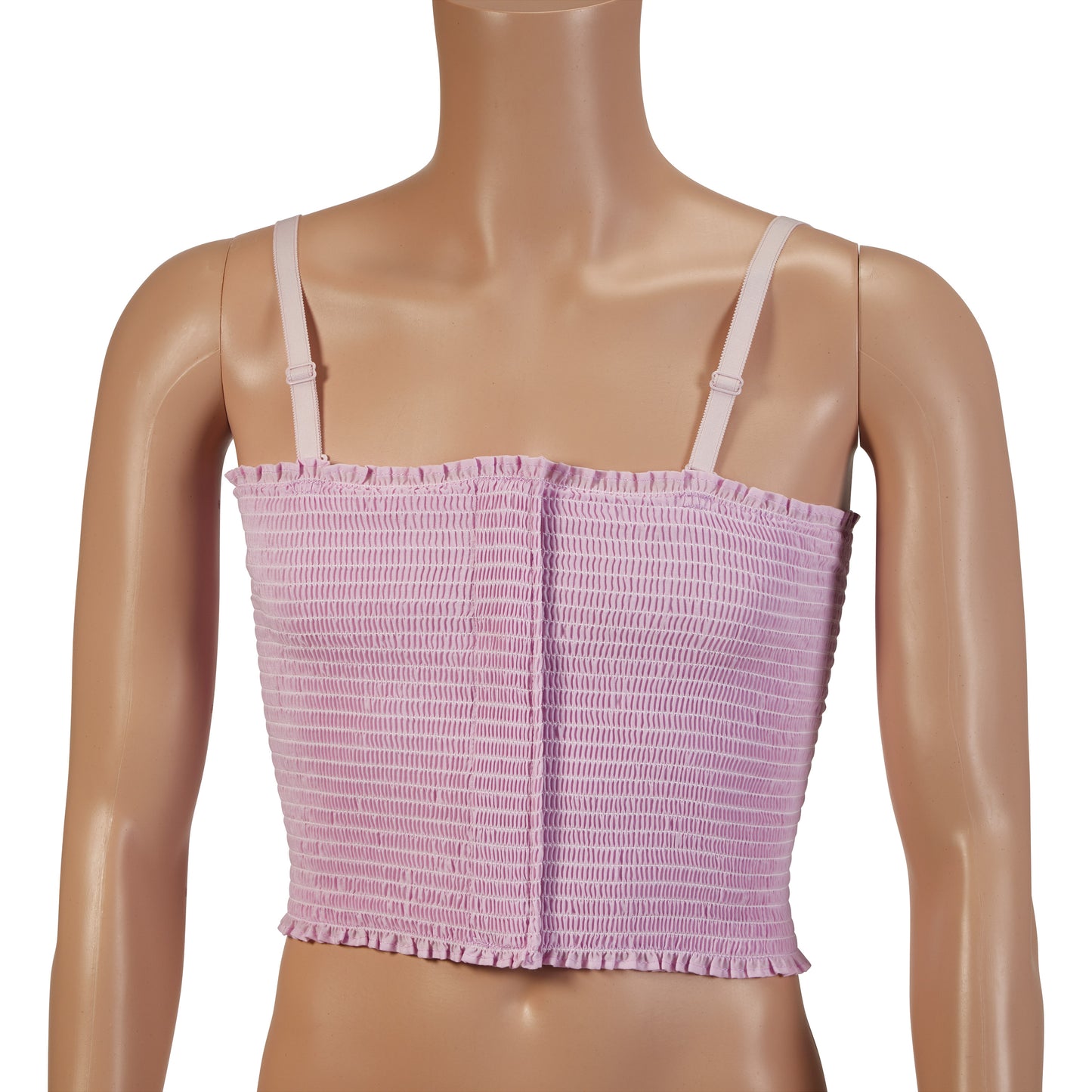 A mannequin wears the pink Expand-A-Band Lined Breast Binder, featuring adjustable straps and a textured, ruched design.