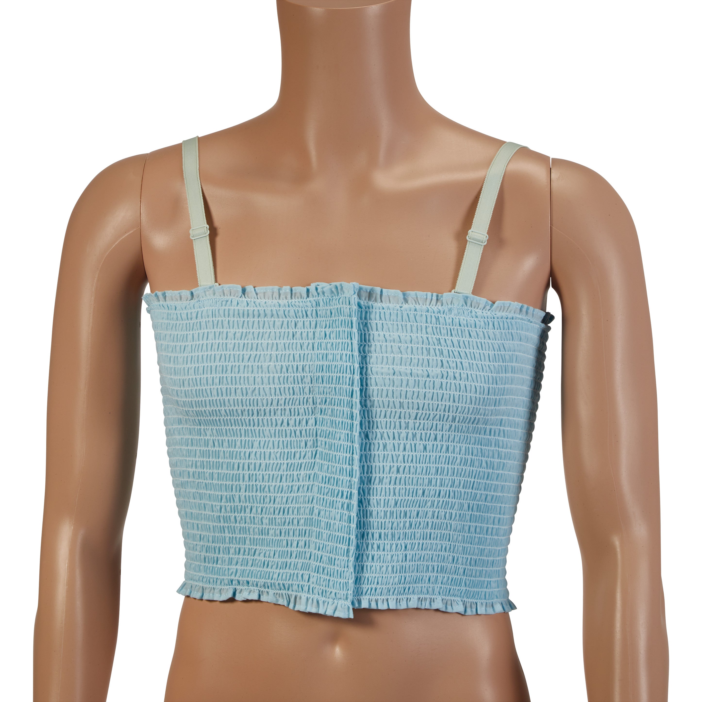 A mannequin wears the Expand-A-Band Lined Breast Binder, light blue, with adjustable straps, front view. Sold in a 12 pack.
