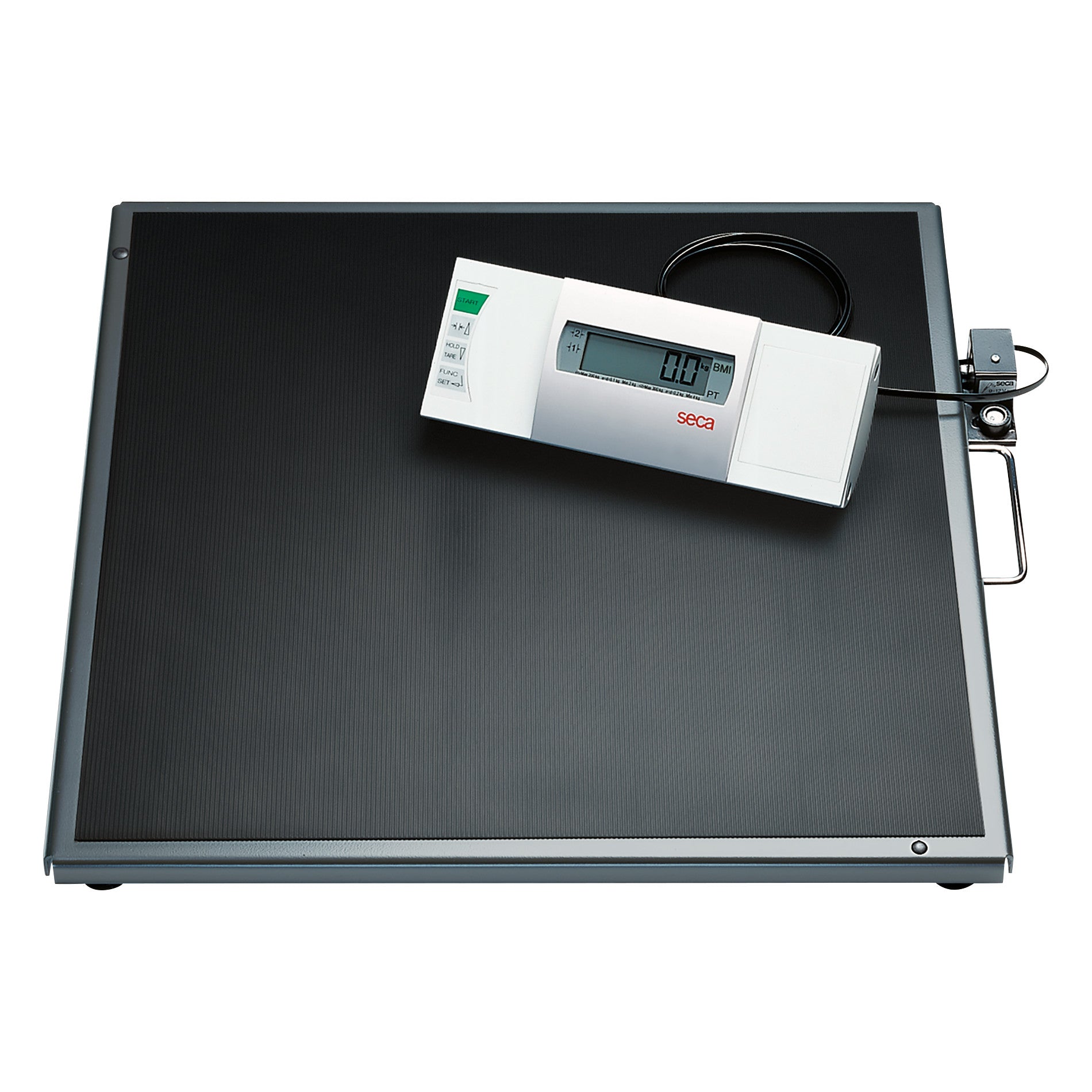seca 634 Flat Scale with Extra-Large Platform features a digital display for weight measurement, with a large black platform.