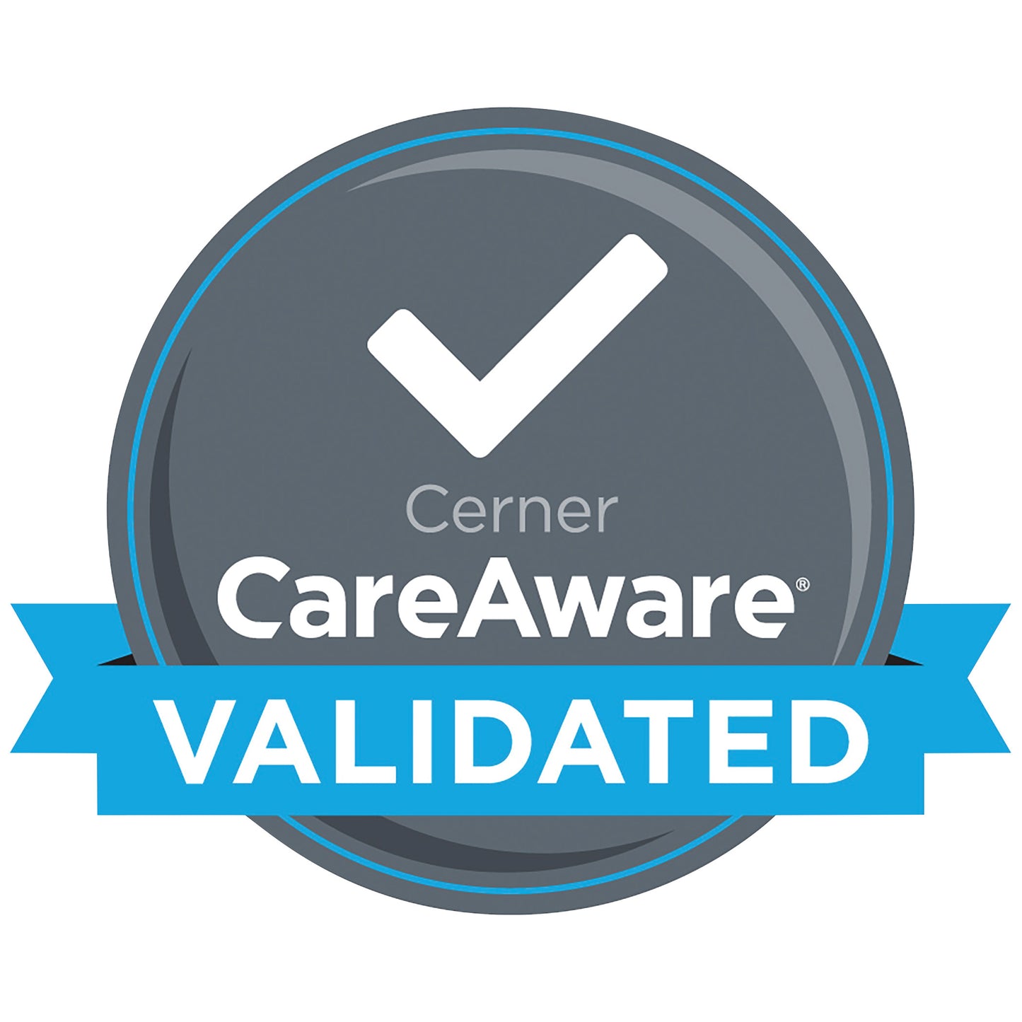 A grey badge with a checkmark and "Cerner CareAware" text, below which is a blue ribbon labeled "VALIDATED," representing the seca 634 Flat Scale with Extra-Large Platform validation.