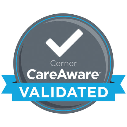 A grey badge with a checkmark and "Cerner CareAware" text, below which is a blue ribbon labeled "VALIDATED," representing the seca 634 Flat Scale with Extra-Large Platform validation.
