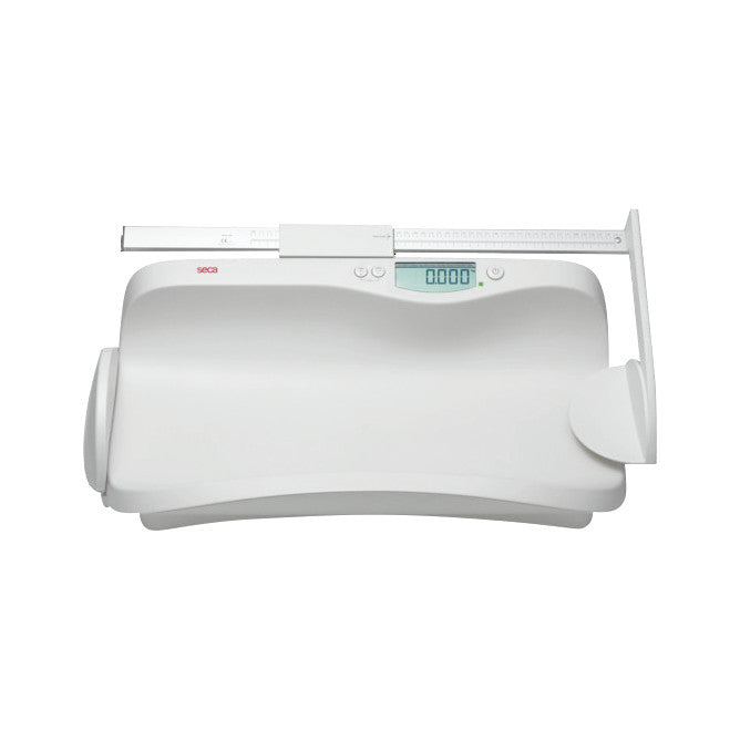 Seca 374 Baby Scale is a digital infant scale with a measuring rod and an LCD screen displaying numbers in a sleek white design.