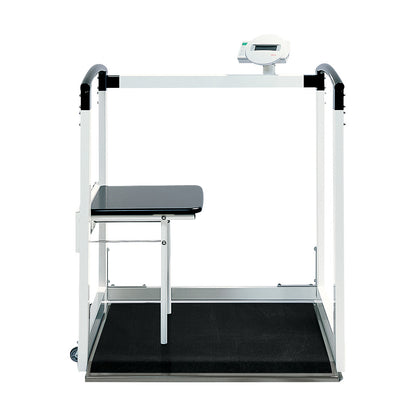 seca 684 Multifunctional Scale with a handrail, foldable seat, and attached digital display for weighing patients in a medical setting.