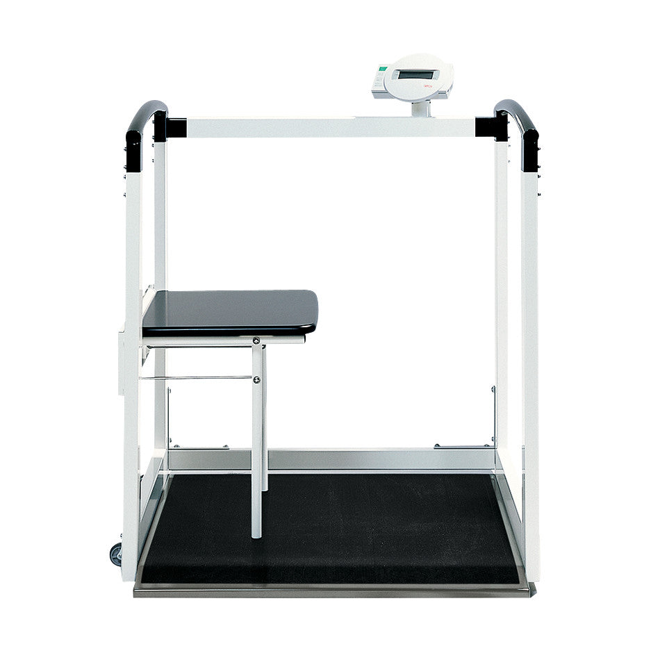 seca 684 Multifunctional Scale with a handrail, foldable seat, and attached digital display for weighing patients in a medical setting.