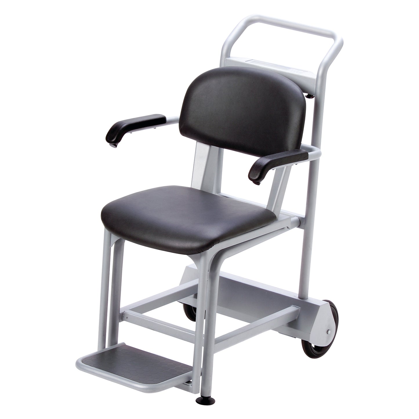 A black and silver Health o meter Digital Chair Scale with armrests, a footrest, and wheels for mobility.
