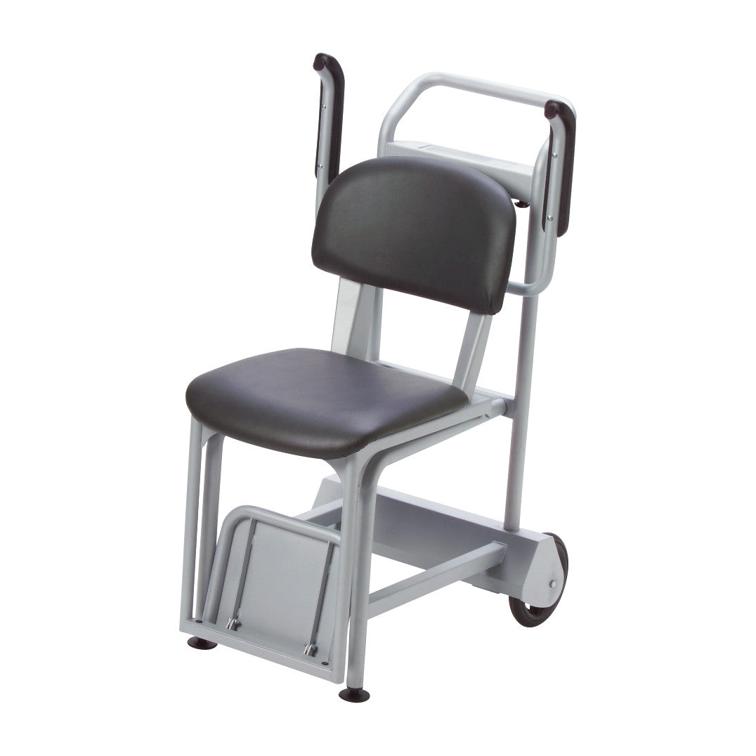 Health o meter Digital Chair Scale in gray with black cushioned seat and backrest, two wheels, and footrest for easy transport.