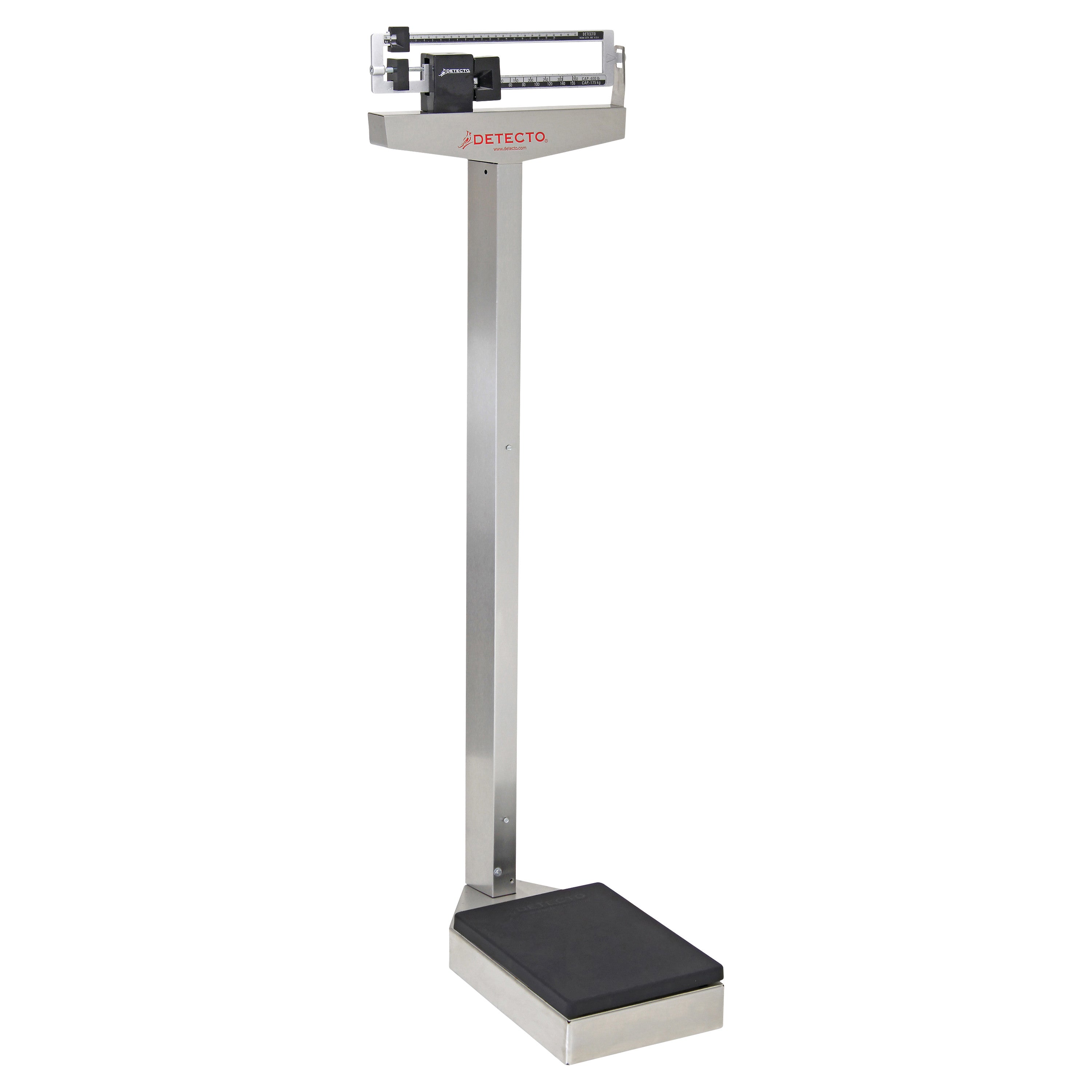 A DETECTO Mechanical Balance Beam Scale with a tall metal beam, sliding weights, and a black platform for weighing individuals.