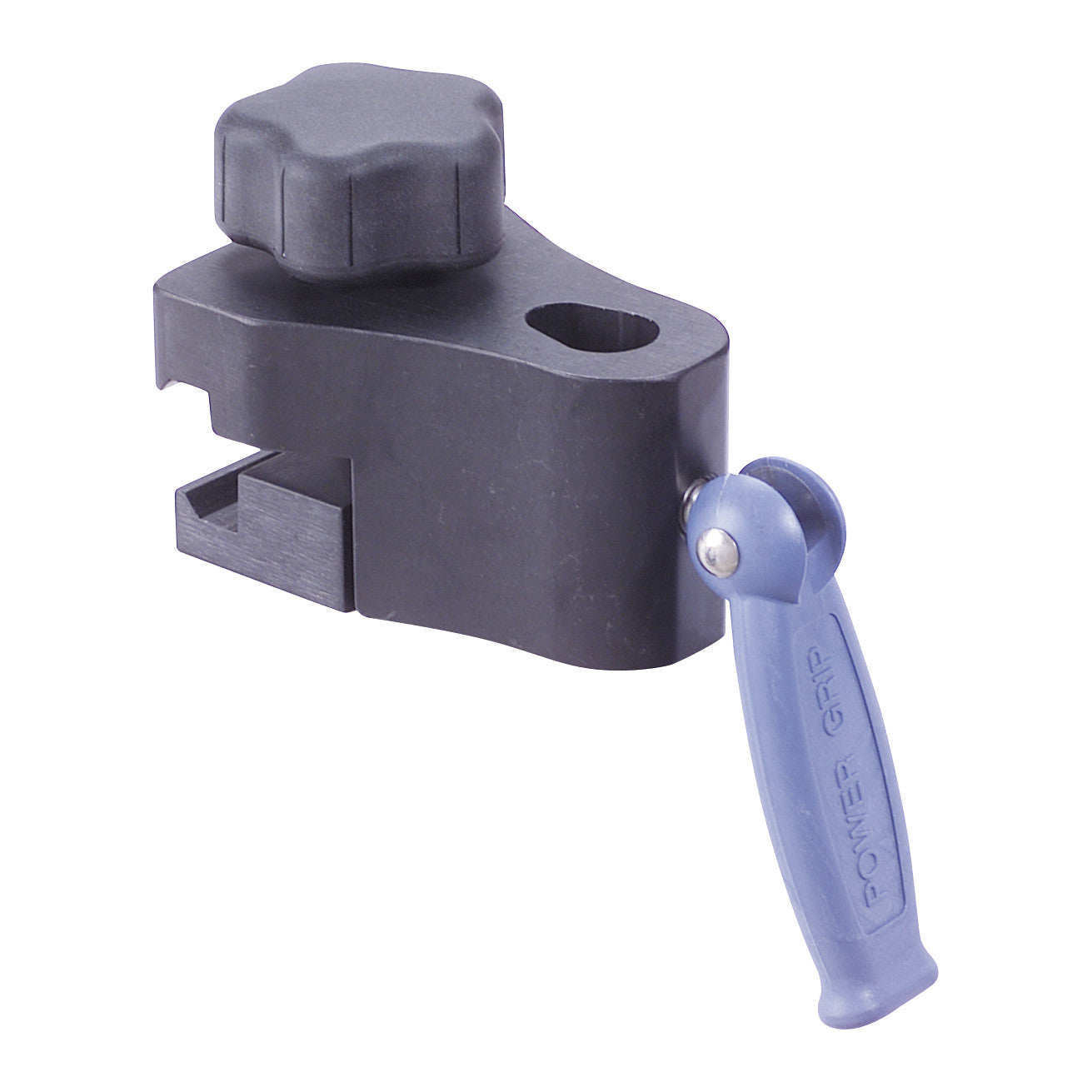 The Allen Simple Clamp is a black clamp with a large knob and a blue lever, designed for secure gripping and fastening.