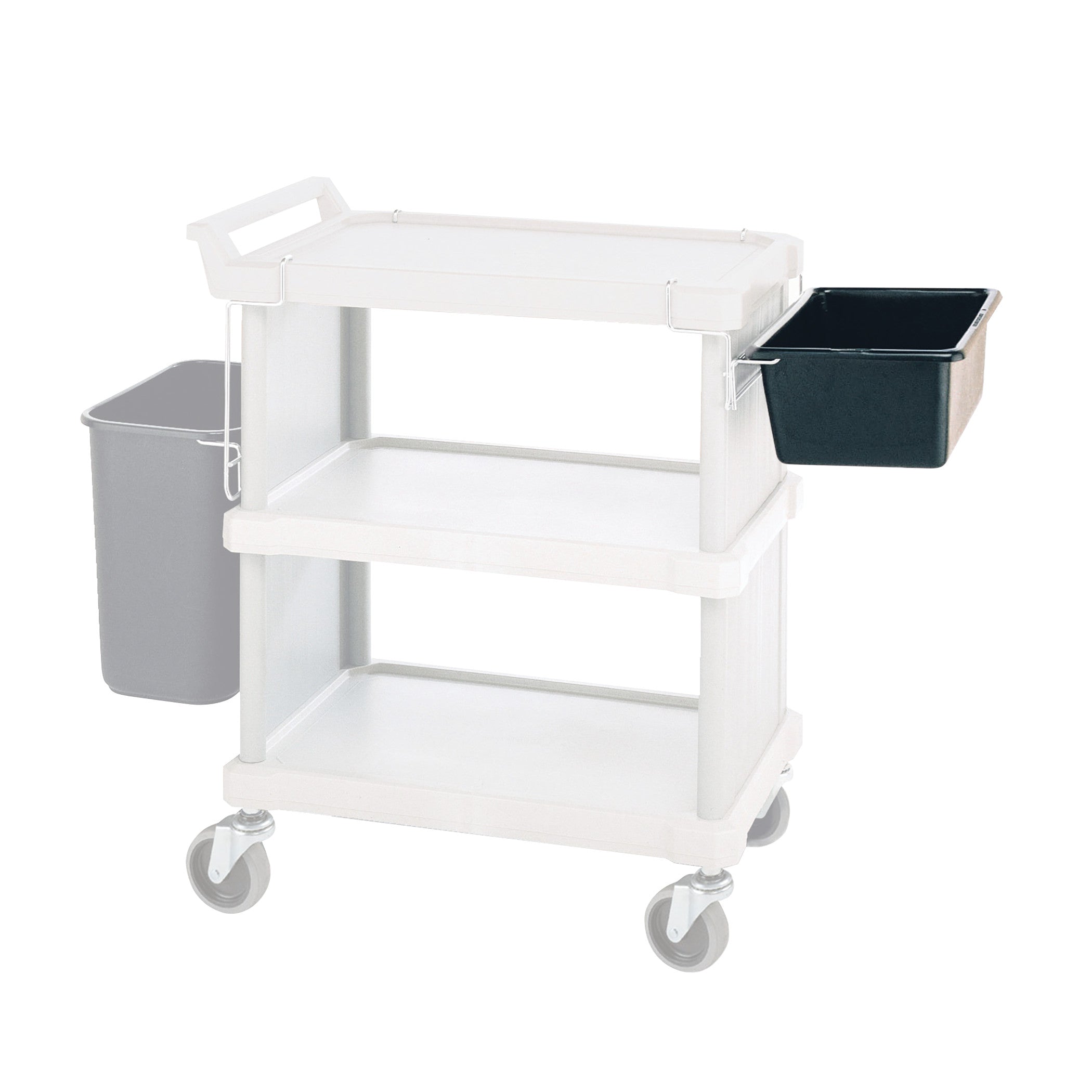 A rolling utility cart with three shelves, a handle, and a Metro Utility Bin attached on each side.