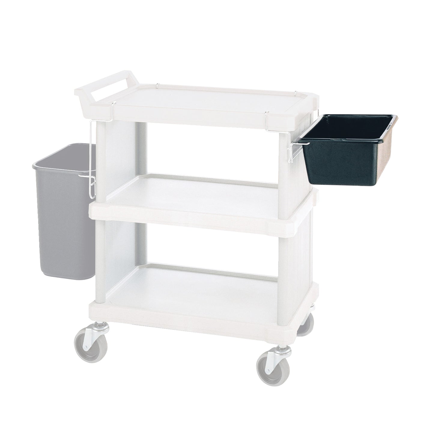 A rolling utility cart with three shelves, a handle, and a Metro Utility Bin attached on each side.