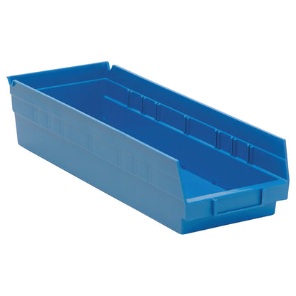 A blue Quantum Economy Shelf Bin with a rectangular shape, featuring a sloped front and ribbed sides for storage.