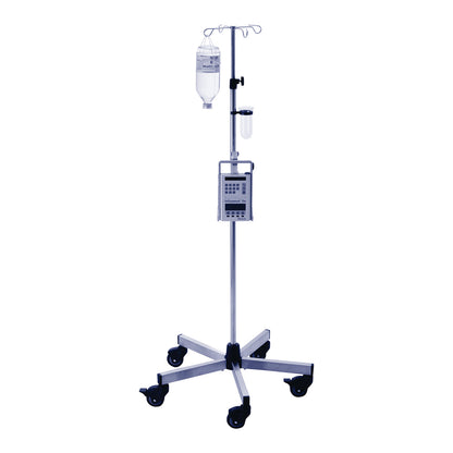 Provita Economy Five-Leg Infusion Stand with a drip bag, pump, and wheels for medical fluid administration.