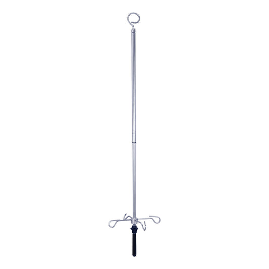 Provita Ceiling IV Pole with a circular top and four hooks, designed for hanging IV bags, featuring a black handle grip at the base.
