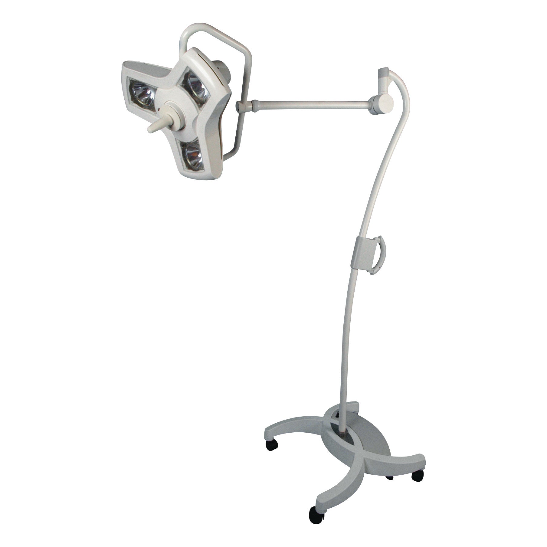 Burton AIM-100 Surgical Light on a wheeled stand with an adjustable arm and three-point light head for medical use.