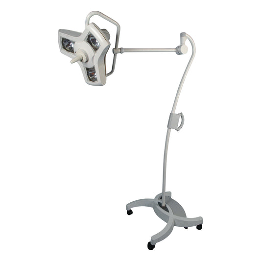 Burton AIM-100 Surgical Light on a wheeled stand with an adjustable arm and three-point light head for medical use.
