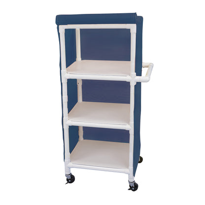 The Healthline PVC Linen Cart with Cover is a three-shelf cart made of white PVC with a blue fabric cover and caster wheels.
