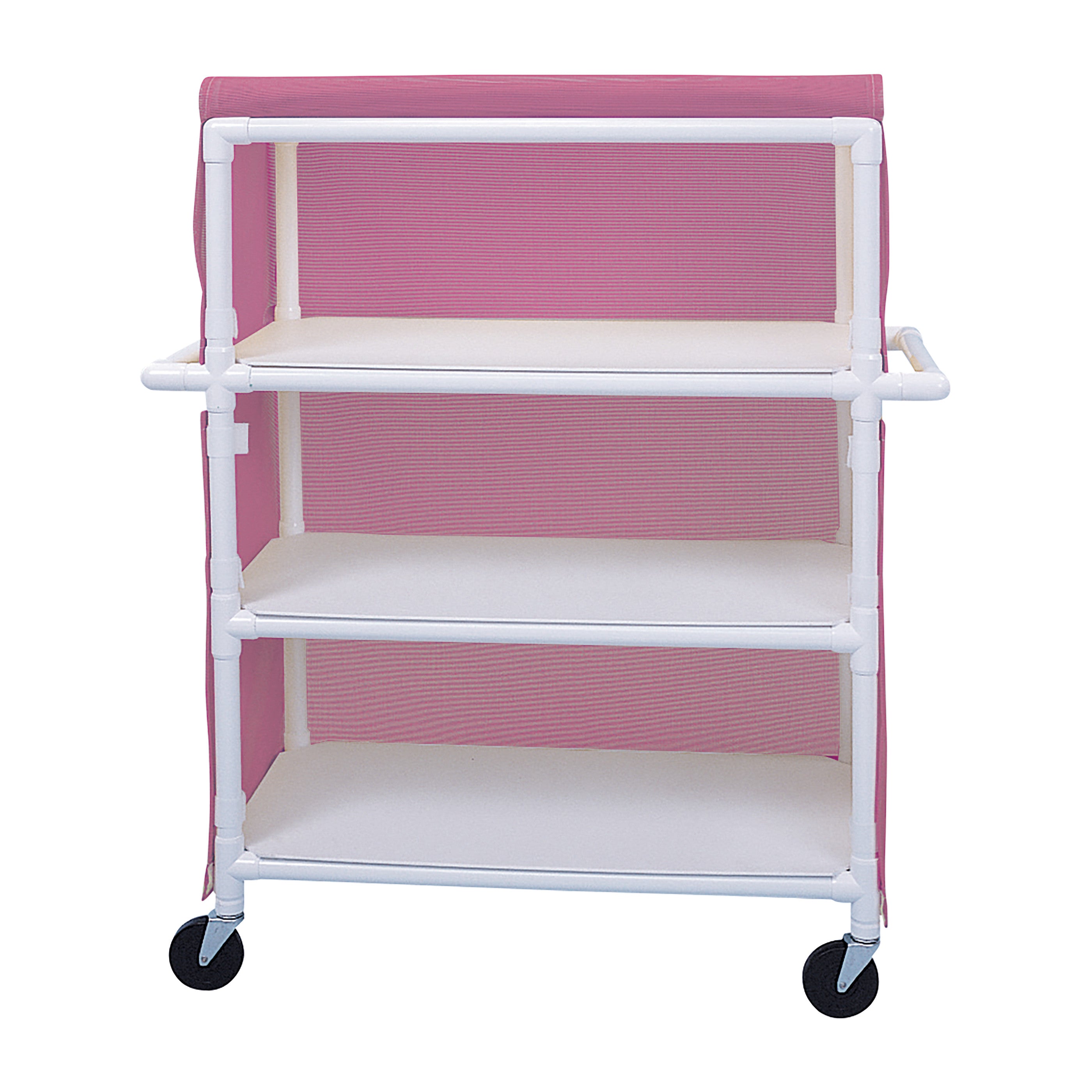 Healthline PVC Linen Cart with Cover, featuring a pink and white design with three shelves and four wheels for mobility.