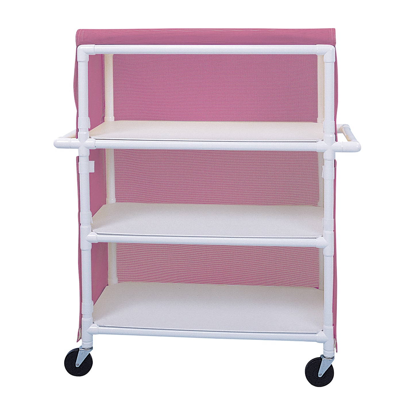 Healthline PVC Linen Cart with Cover, featuring a pink and white design with three shelves and four wheels for mobility.