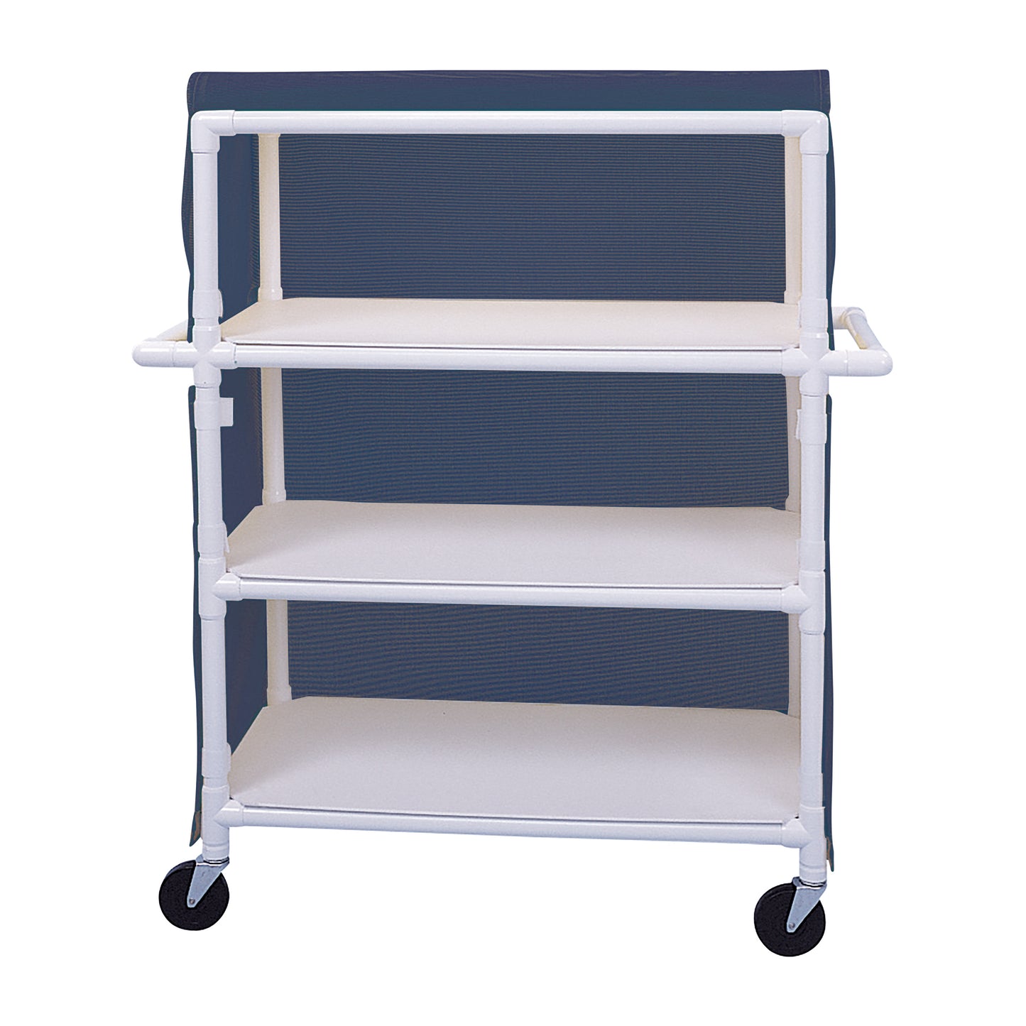 Healthline PVC Linen Cart with Cover features three white PVC shelves, a blue cover, and four caster wheels for easy mobility.