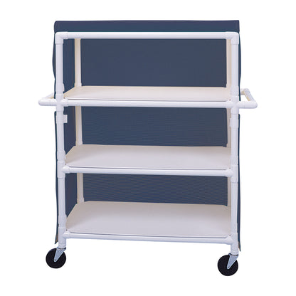 Healthline PVC Linen Cart with Cover features three white PVC shelves, a blue cover, and four caster wheels for easy mobility.