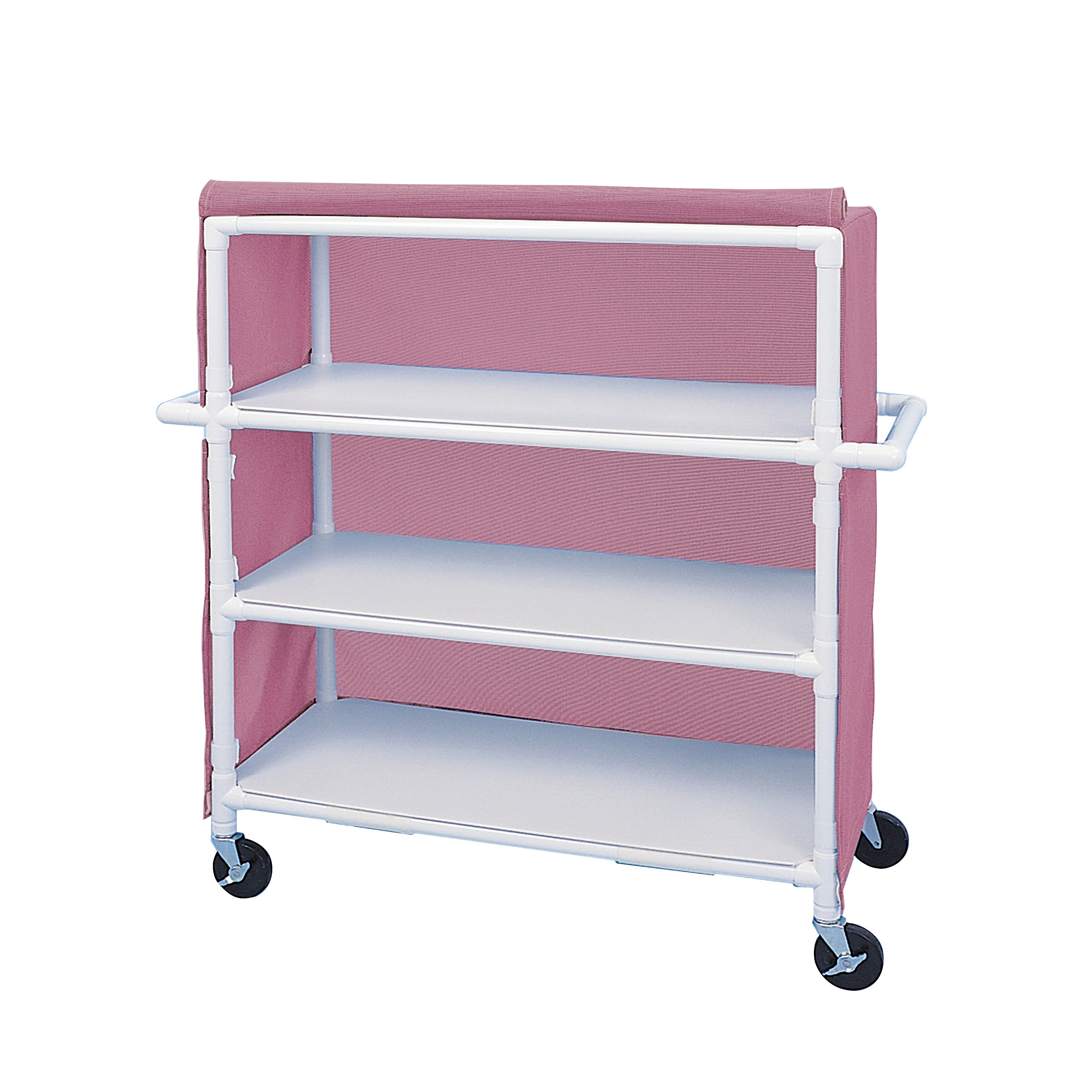 The Healthline PVC Linen Cart with Cover features a white PVC frame, pink fabric cover, three shelves, and four caster wheels.