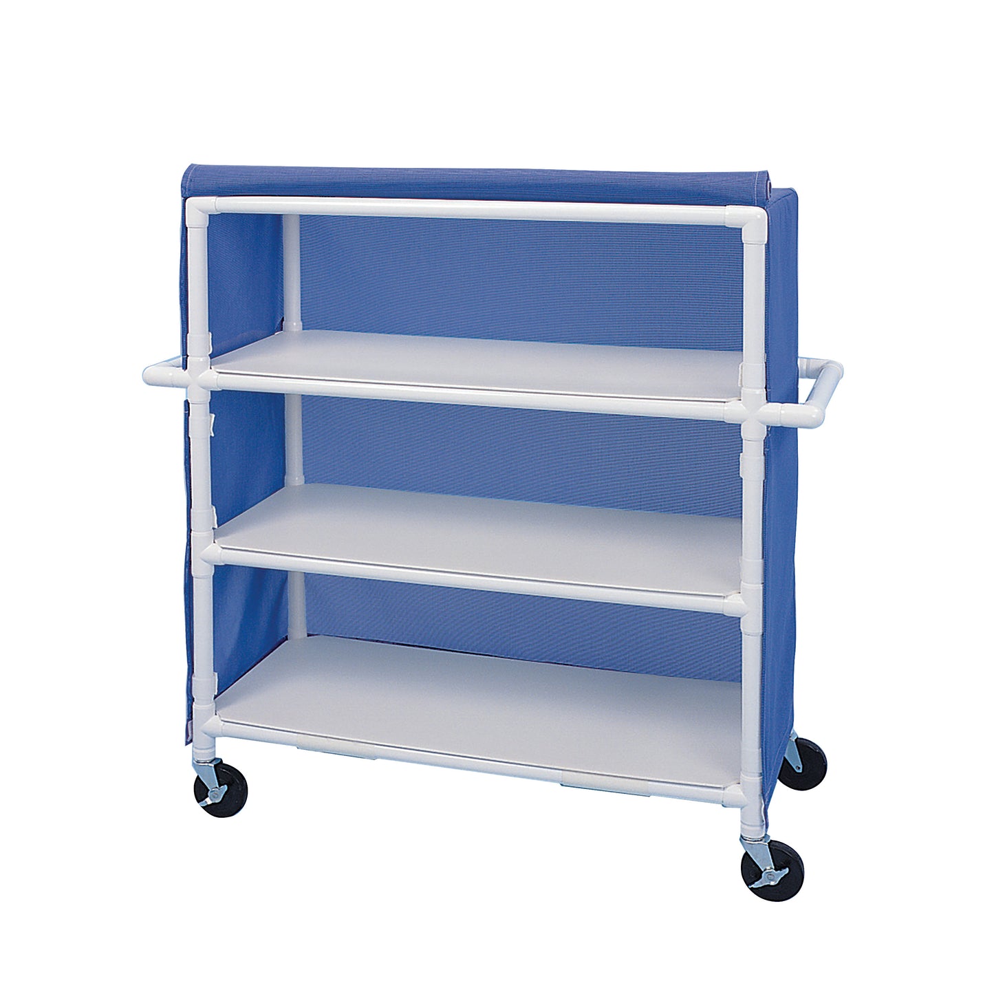 Healthline PVC Linen Cart with Cover, featuring three white shelves with a blue cover, white frame, and four black wheels.