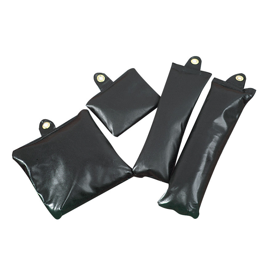 AliMed Four-Piece Traction Sandbag Set includes four black sandbags of different shapes, each with a reinforced eyelet for attachment.