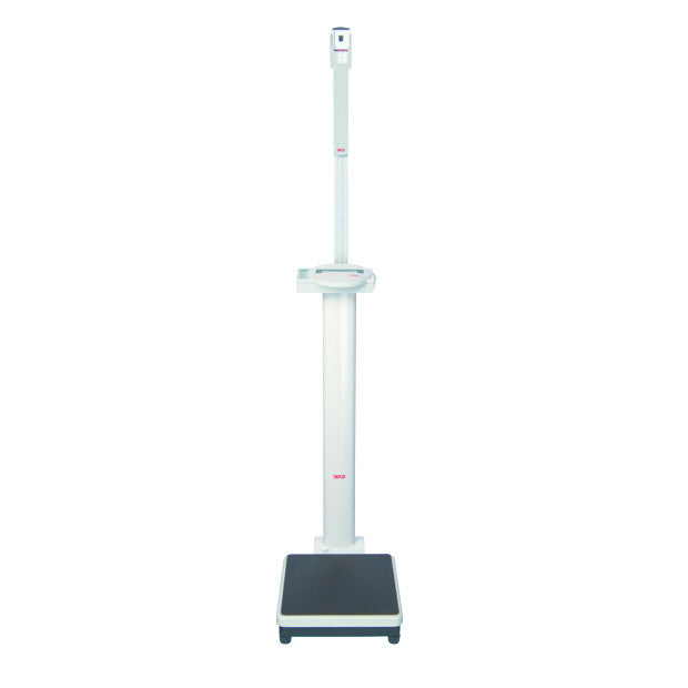 The seca 769 Electronic Column Scale features a tall measuring rod, a digital display, and a sturdy base.