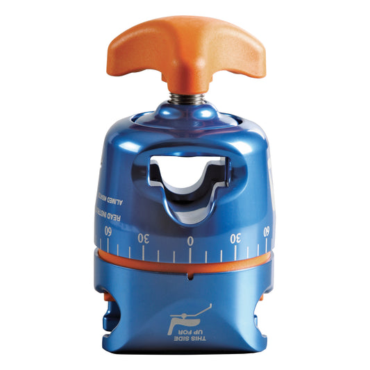 The AliMed FREEDOM Clark Socket Table Clamp is a blue and orange adjustable device with a handle and measurement markings.