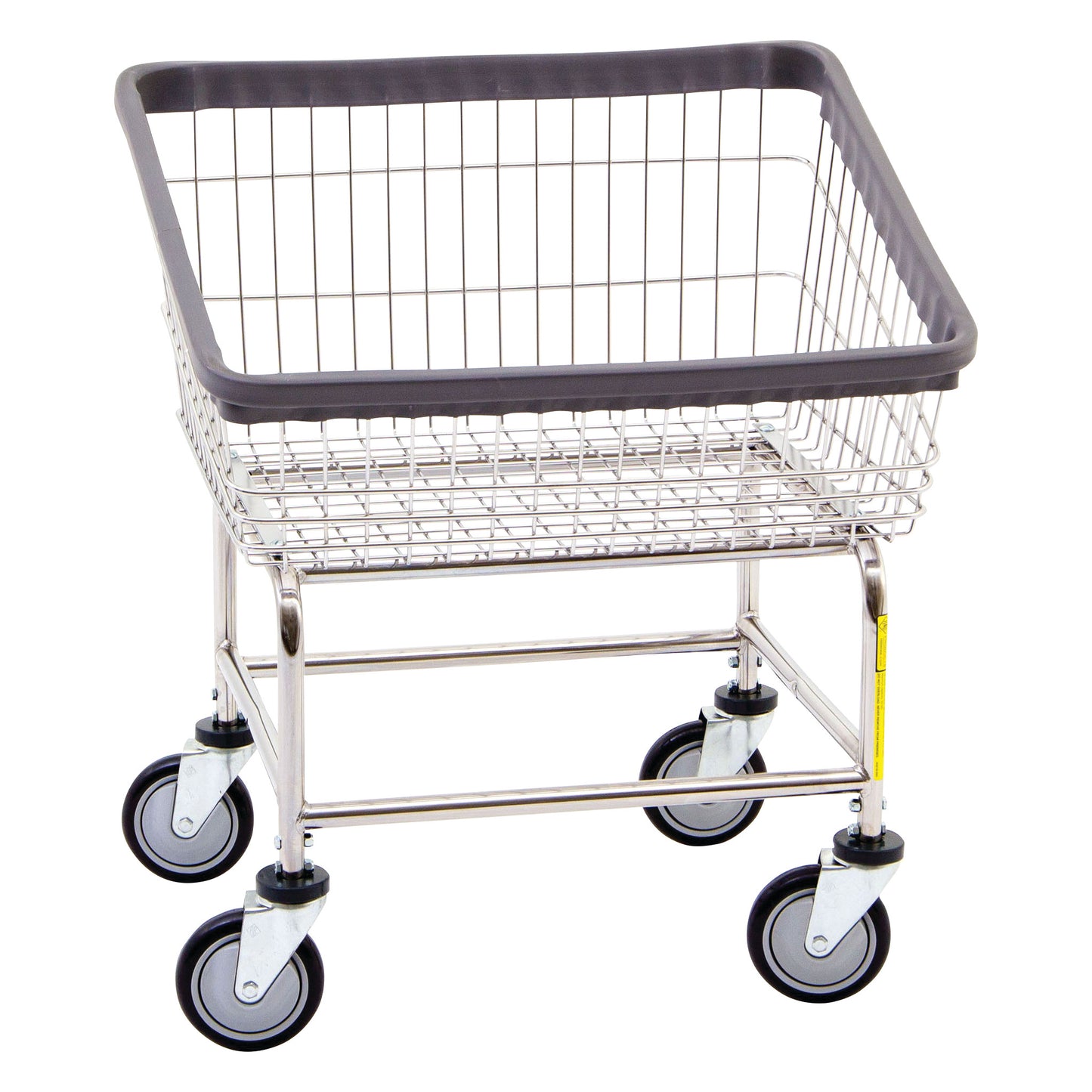 Dura-Seven Front Load Laundry Cart with a wire basket, gray bumper, and four wheels, designed for easy transport of laundry.