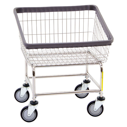 Dura-Seven Front Load Laundry Cart with a wire basket, gray bumper, and four wheels, designed for easy transport of laundry.