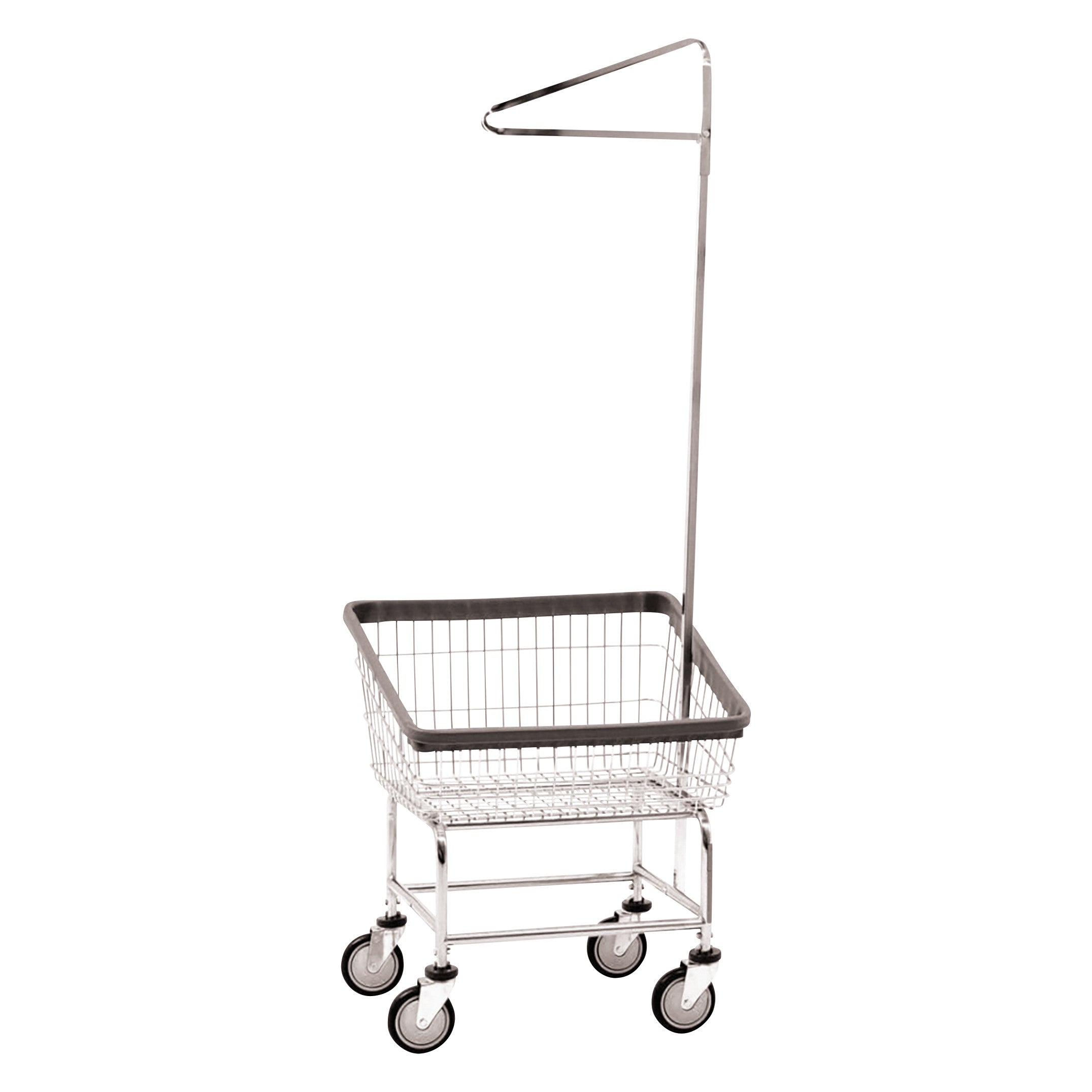 Dura-Seven Front Load Laundry Cart with a wire basket, four wheels, and an elevated garment rack for laundry transport.