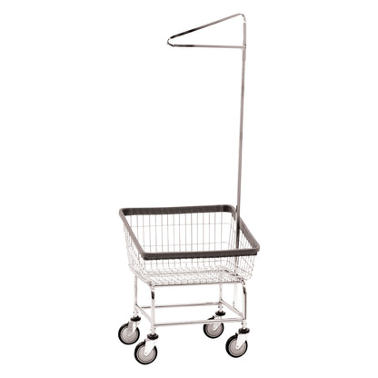 Dura-Seven Front Load Laundry Cart with a wire basket, four wheels, and an elevated garment rack for laundry transport.