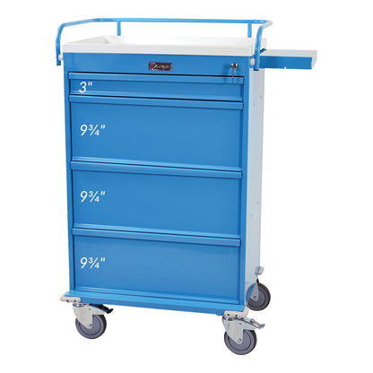 The Harloff Value Series Punch-Card Medication Dispensing Cart is blue with four labeled drawers and caster wheels for mobility.