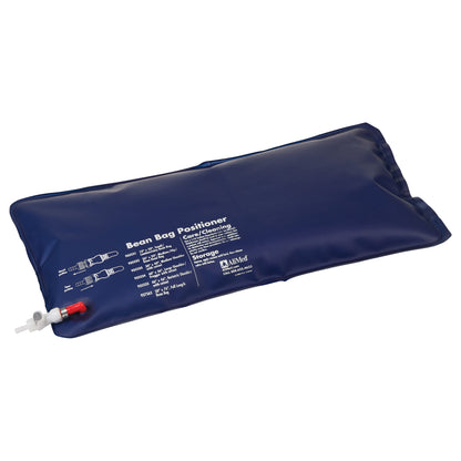 Blue AliMed Universal Bean Bag Positioner with printed care instructions and a valve attachment on one side.