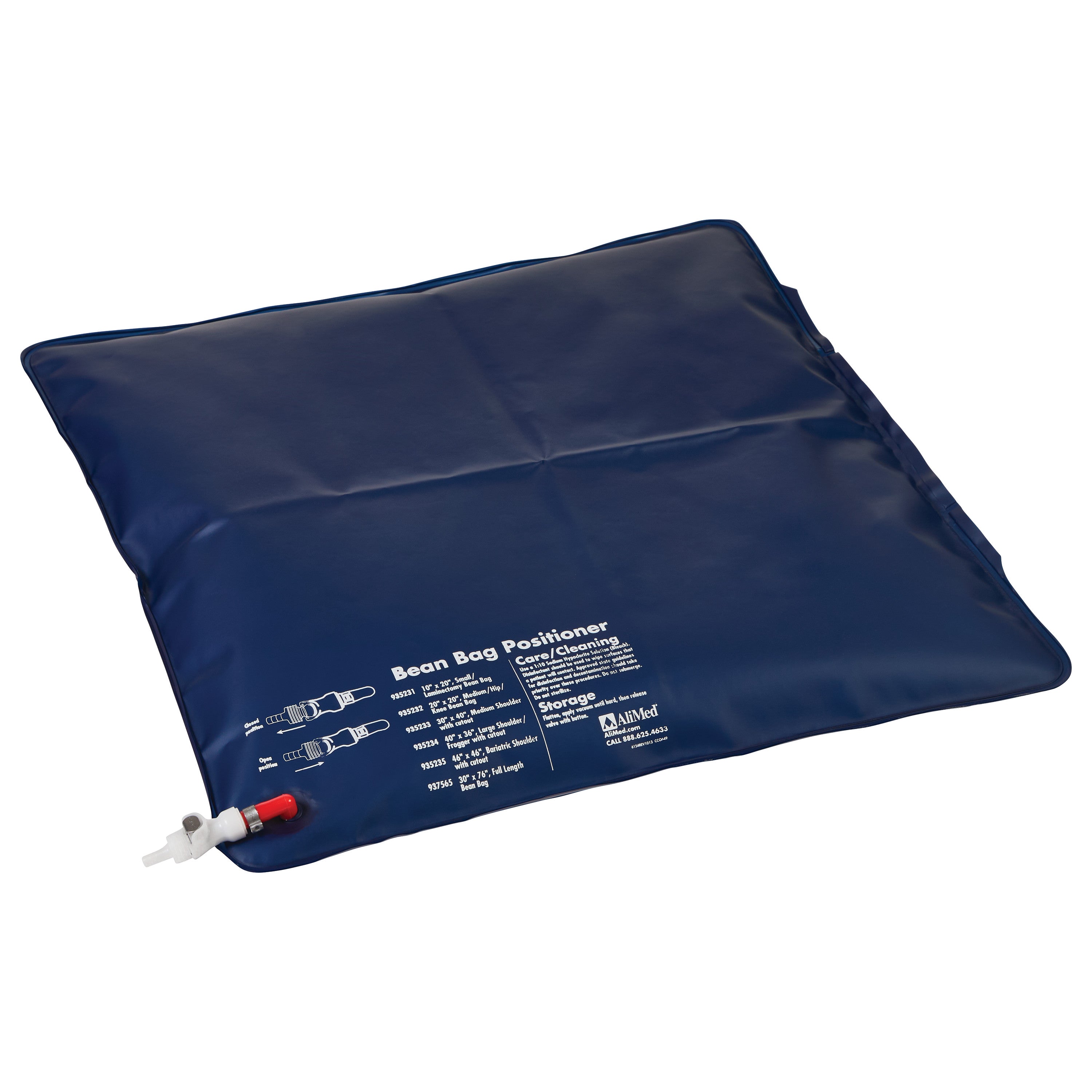 The AliMed Universal Bean Bag Positioner is a blue, square cushion with a valve, designed for secure body positioning.