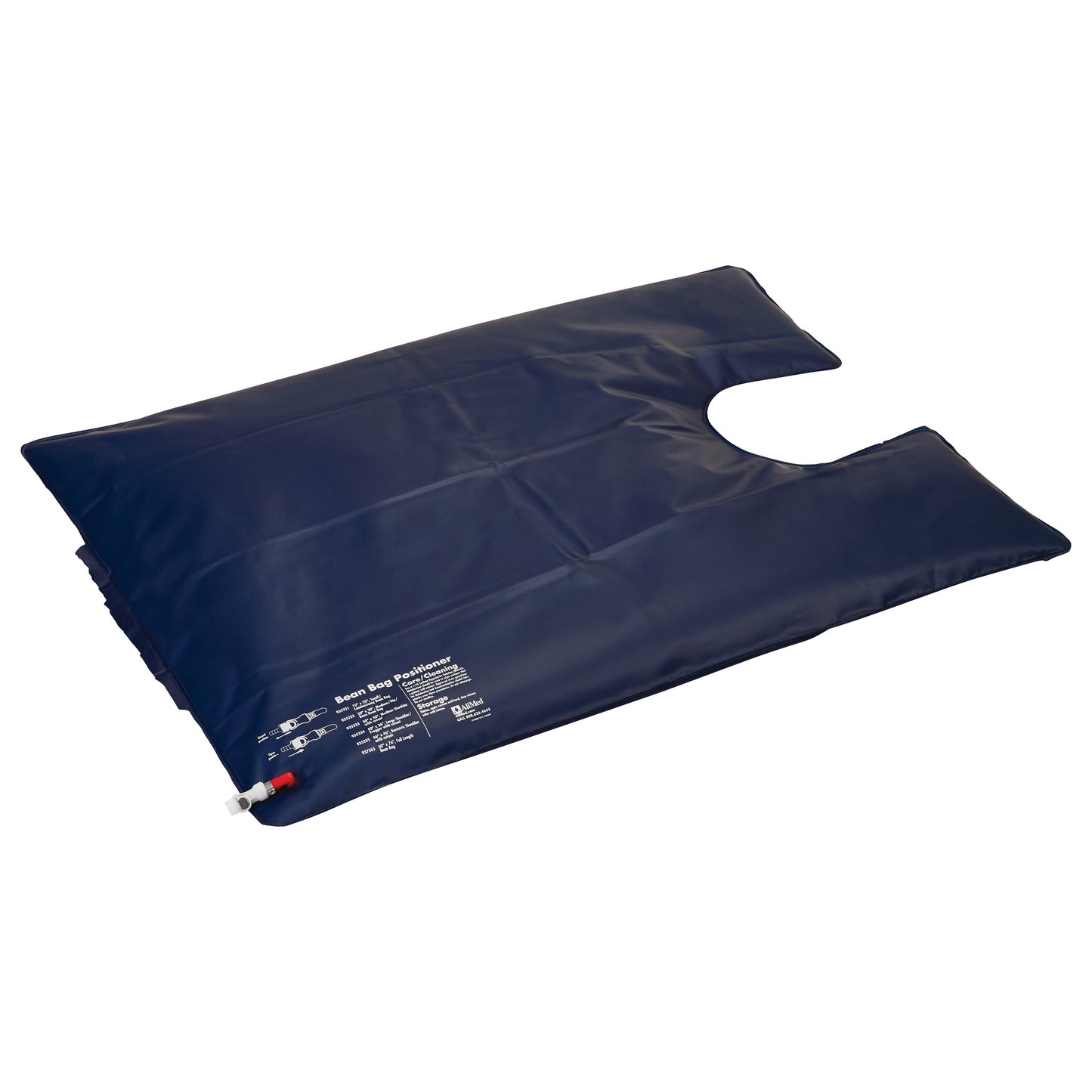 AliMed Bean Bag Positioner with Cutout is a dark blue medical cushion with a U-shaped cutout and inflation valve for patient support.