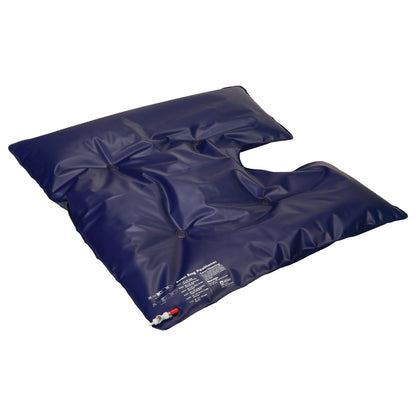 The AliMed Bean Bag Positioner with Cutout is a blue inflatable cushion designed to help position patients during medical procedures.