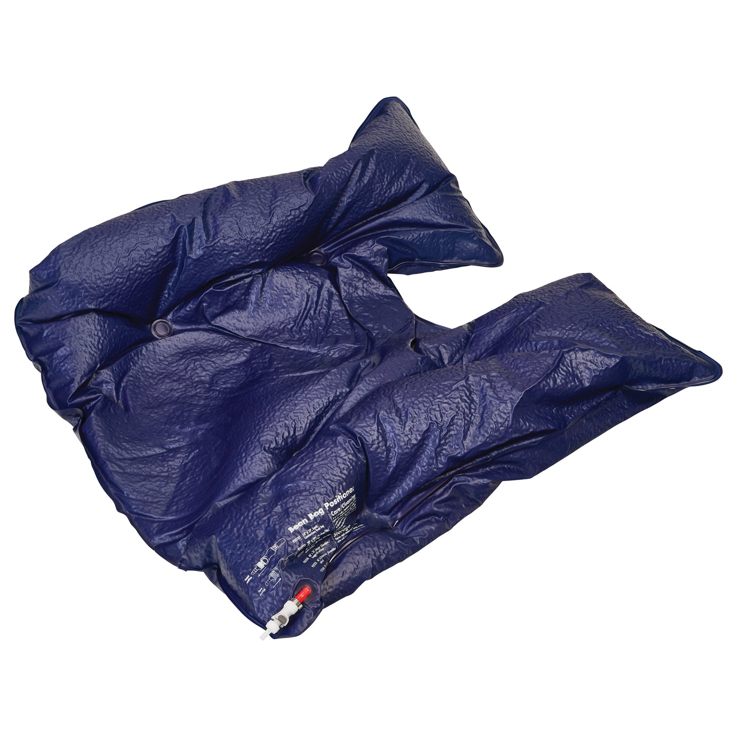 AliMed Bean Bag Positioner with Cutout, shown in dark blue with a textured surface and an attached air valve.