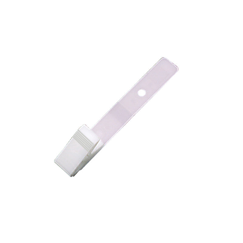 A white MR-Safe Badge Clip with a long plastic strap and a metal clip at one end, designed for attaching badges.