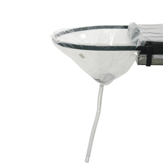 Drain Bag for Urocatch Frame attached to a metal frame, with a transparent material and a long drainage tube extending downward.