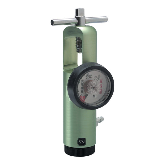 MRI Conditional CGA870 Click Style 0-25 LPM Oxygen Regulator with a pressure gauge and adjustment knob on a cylindrical base.