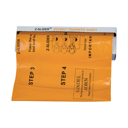 The SANDEL Z-Slider Patient Transfer and Repositioning Sheet in orange, showing steps and safety instructions for usage.