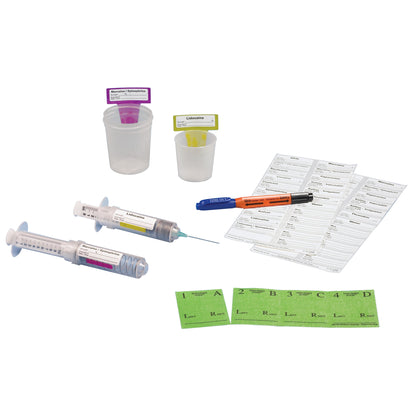 The SANDEL Correct Medication Labeling System O.R. Kit includes labeled syringes, containers, pens, and labels for operating room use.