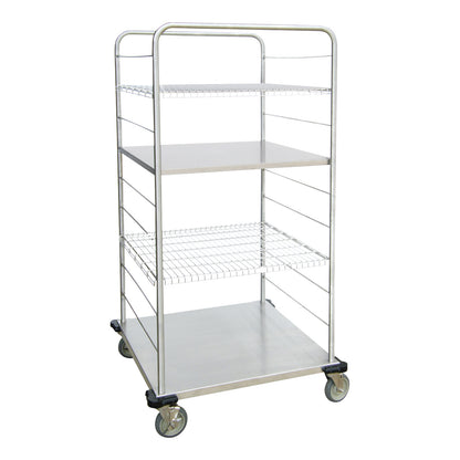 Lakeside Large Distribution Supply Cart with three shelves, a mix of solid and wire surfaces, and four caster wheels for mobility.
