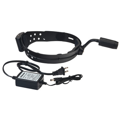 Riester ri-focus LED Exam Headlight with Rechargeable Battery Kit, featuring an adjustable band and attached power adapter.