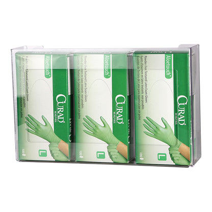 AliMed Clear PETG Glove Dispenser holding three boxes of green Curad powder-free latex exam gloves, each with 100 gloves, size large.