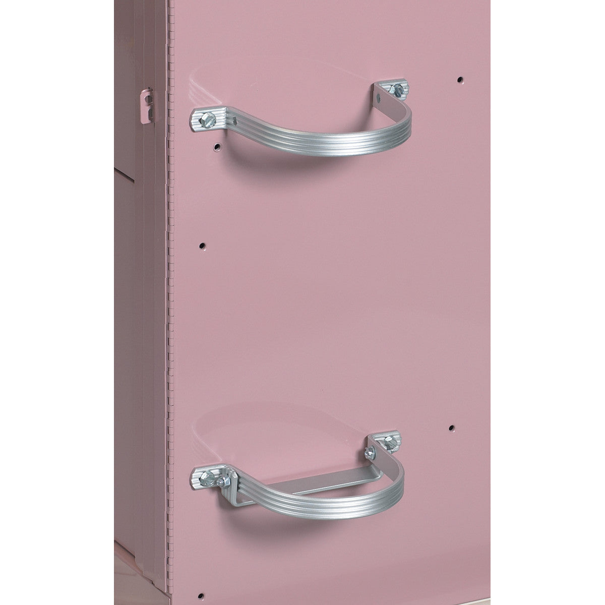 Pink medical cart with two stainless steel brackets, part of the AliMed Cart Accessory: Oxygen Tank Bracket Set for carts.