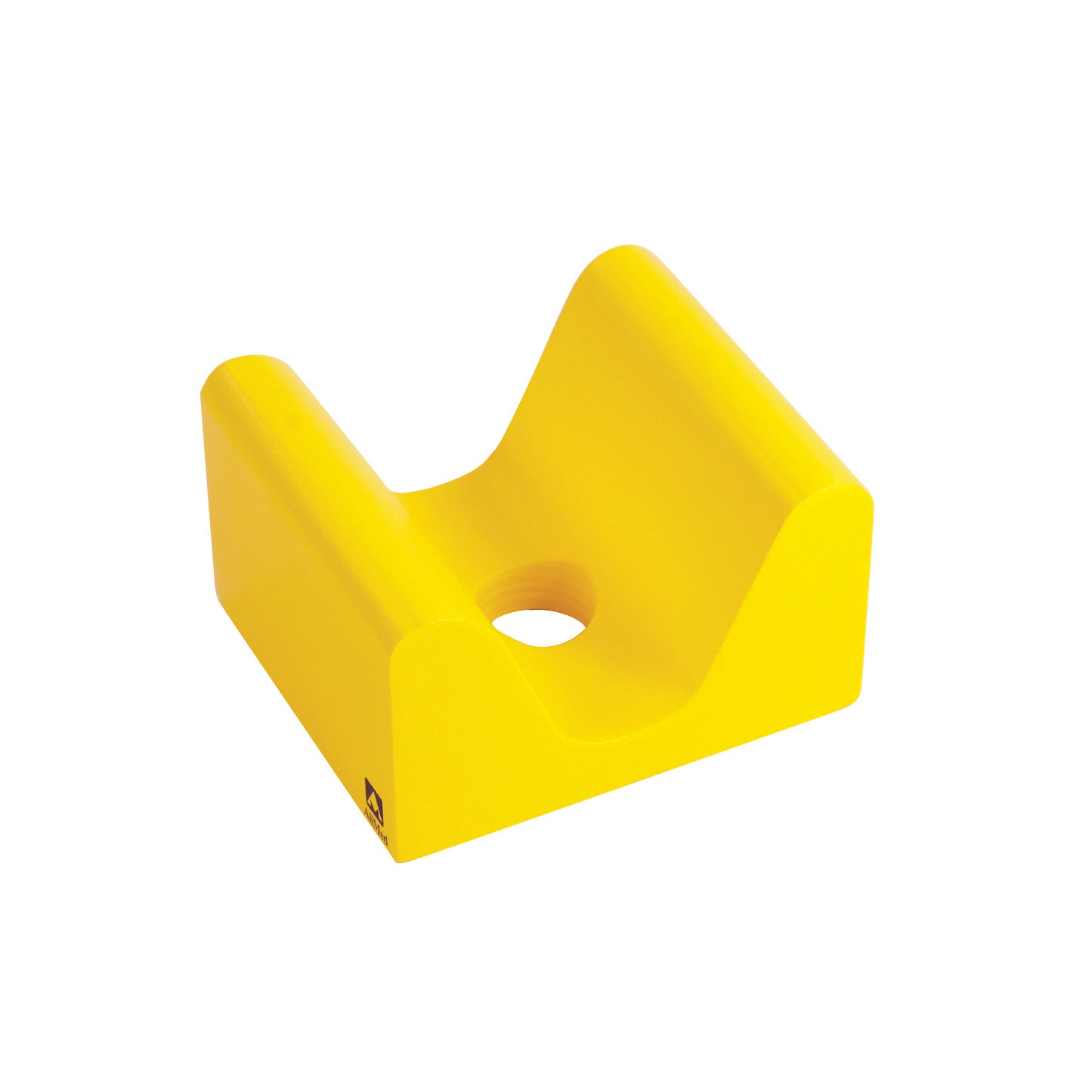 Yellow AliMed Protecta-Coat Anterior/Posterior Skull Block with a central hole, designed to stabilize the head during procedures.